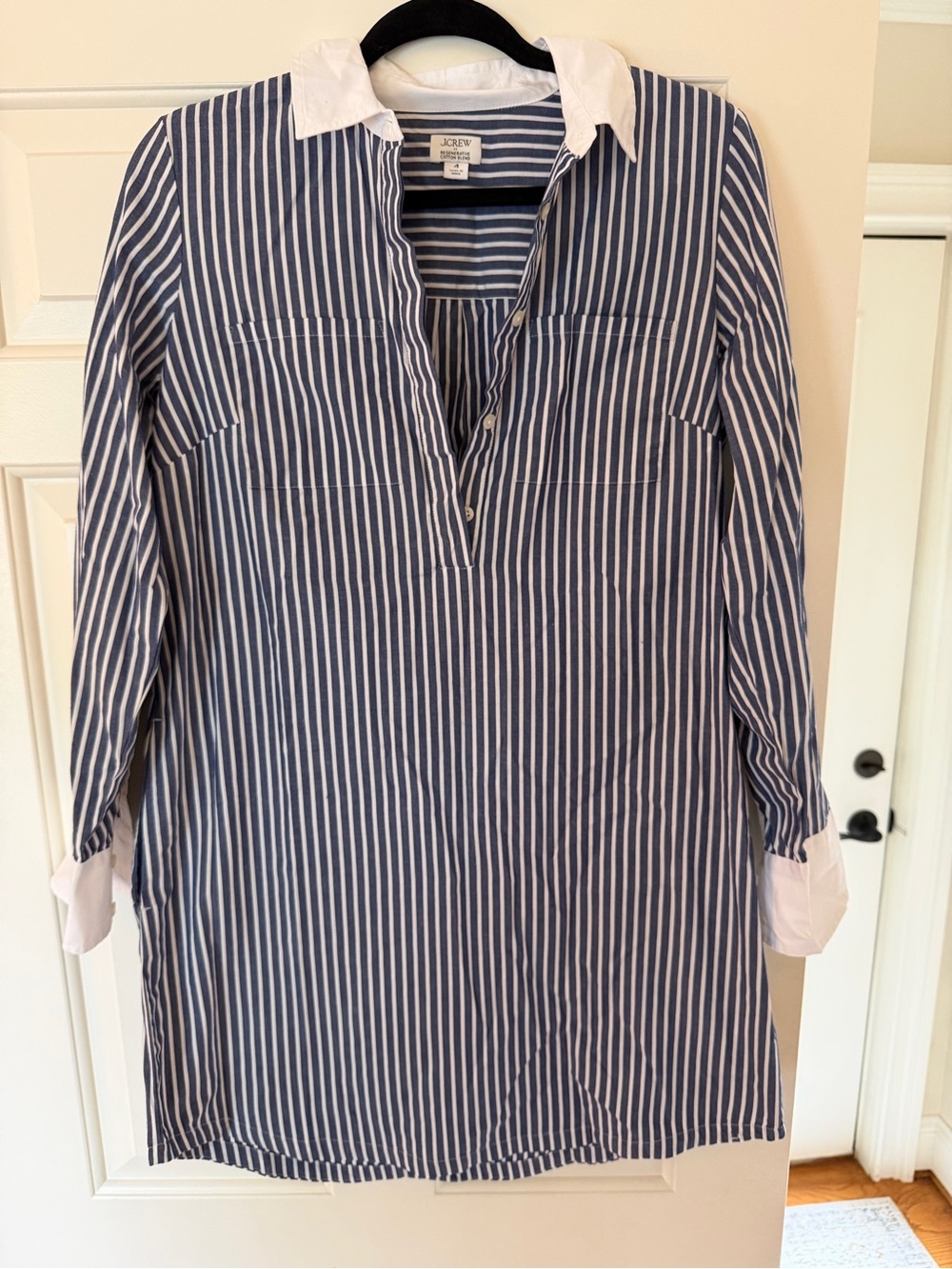 J. Crew Navy and White Striped Long-Sleeve Shirt Dress with White Collar